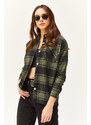 Olalook Women's Khaki Black Single Pocket Thick Plaid Lumberjack Shirt