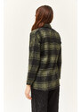 Olalook Women's Khaki Black Single Pocket Thick Plaid Lumberjack Shirt