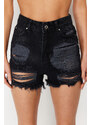 Trendyol Black Denim Ripped Detail Denim 100% Cotton Shorts & Bermuda