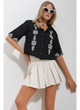 Trend Alaçatı Stili Women's Black Embroidered Linen Shirt