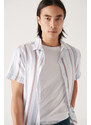 Avva Men's Coffee Cuban Collar Striped Short Sleeve Shirt