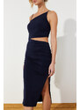 Trendyol Navy Blue Cut Out Fitted Stretch Knitted Midi Dress with Slit