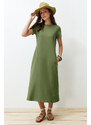 Trendyol Khaki Pocketed Premium Crew Neck A-Line Knitted Midi Dress