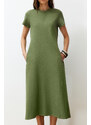 Trendyol Khaki Pocketed Premium Crew Neck A-Line Knitted Midi Dress