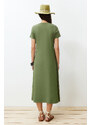 Trendyol Khaki Pocketed Premium Crew Neck A-Line Knitted Midi Dress