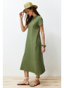 Trendyol Khaki Pocketed Premium Crew Neck A-Line Knitted Midi Dress