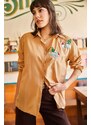 Olalook Women's Camel Bird with Sequin Detail Woven Boyfriend Shirt