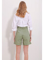 Trend Alaçatı Stili Women's Khaki Double Pocket Waist Belted Gabardine Shorts