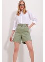 Trend Alaçatı Stili Women's Khaki Double Pocket Waist Belted Gabardine Shorts