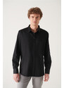 Avva Men's Black 100% Cotton Satin Shirt with Concealed Pop, Slim Fit Fit Shirt