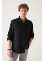 Avva Men's Black 100% Cotton Satin Shirt with Concealed Pop, Slim Fit Fit Shirt