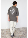 Trendyol Anthracite Oversize Fluffy Floral Printed 100% Cotton T-Shirt