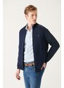 Avva Men's Navy Blue Wool Blended Sleeve Parachute Fabric Detailed Zippered Standartfit Regular Fit Cardigan