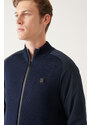Avva Men's Navy Blue Wool Blended Sleeve Parachute Fabric Detailed Zippered Standartfit Regular Fit Cardigan