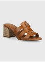 Kožené pantofle Tommy Hilfiger BLOCK MID HEEL LEATHER SANDAL dámské, hnědá barva, na podpatku, FW0FW08049