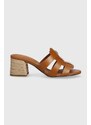 Kožené pantofle Tommy Hilfiger BLOCK MID HEEL LEATHER SANDAL dámské, hnědá barva, na podpatku, FW0FW08049