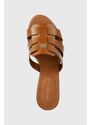 Kožené pantofle Tommy Hilfiger BLOCK MID HEEL LEATHER SANDAL dámské, hnědá barva, na podpatku, FW0FW08049