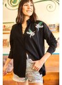 Olalook Women's Black Bird Sequin Detail Woven Boyfriend Shirt