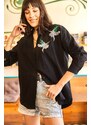 Olalook Women's Black Bird Sequin Detail Woven Boyfriend Shirt