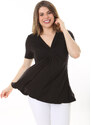 Şans Women's Plus Size Black Chest Gathered Detail V-Neck Short Sleeve Blouse