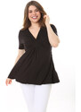 Şans Women's Plus Size Black Chest Gathered Detail V-Neck Short Sleeve Blouse