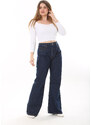 Şans Women's Plus Size Navy Blue 5 Pockets Wide Leg High Waist Denim Trousers