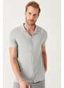 Avva Men's Gray Cuban Collar Buttoned Standard Fit Normal Cut Knitwear T-shirt