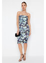 Trendyol Limited Edition Blue Floral Printed Mini Strapless Neck Flexible Knitted Dress