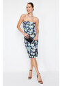 Trendyol Limited Edition Blue Floral Printed Mini Strapless Neck Flexible Knitted Dress