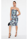 Trendyol Limited Edition Blue Floral Printed Mini Strapless Neck Flexible Knitted Dress