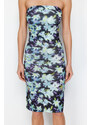 Trendyol Limited Edition Blue Floral Printed Mini Strapless Neck Flexible Knitted Dress