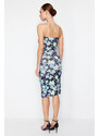 Trendyol Limited Edition Blue Floral Printed Mini Strapless Neck Flexible Knitted Dress