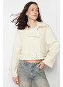 Trendyol Ecru Fitted Belted Cotton Crop Trench Coat