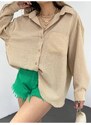 BİKELİFE Women's Beige Single Pocket Oversize Linen Shirt
