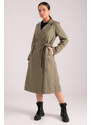 armonika Women's Khaki Double Breasted Collar Waist Belted Long Trench Coat with Pocket