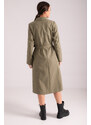 armonika Women's Khaki Double Breasted Collar Waist Belted Long Trench Coat with Pocket