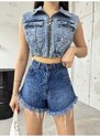 BİKELİFE Women's Blue Lycra Crop Denim Vest