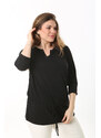 Şans Women's Plus Size Black Collar Stone Detailed Front Laced Tunic