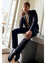 ALTINYILDIZ CLASSICS Men's Dark Navy Blue Slim Fit Slim Fit Dovetail Neck Striped Suit