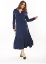 Şans Women's Plus Size Navy Blue Kiss Collar Long Sleeve Dress