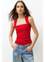 Trendyol Red Plain Square Neck Strappy Gathered Knitted Blouse