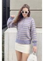 Bianco Lucci Women's Button-down Collar Turtleneck Striped Knitwear Sweater