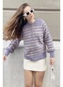 Bianco Lucci Women's Button-down Collar Turtleneck Striped Knitwear Sweater