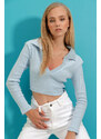 Trend Alaçatı Stili Women's Baby Blue Polo Collar Corduroy Soft Textured Crop Blouse