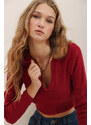 Trend Alaçatı Stili Women's Burgundy Polo Neck Ribbed Soft Textured Crop Blouse