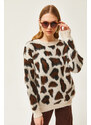 Olalook Women's Ecru Leopard Soft Textured Thick Knitwear Sweater