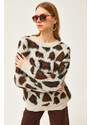 Olalook Women's Ecru Leopard Soft Textured Thick Knitwear Sweater