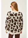 Olalook Women's Ecru Leopard Soft Textured Thick Knitwear Sweater