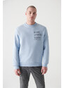 Avva Men's Light Blue Crew Neck Printed 3 Thread Fleece Regular Fit Sweatshirt