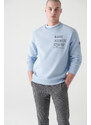 Avva Men's Light Blue Crew Neck Printed 3 Thread Fleece Regular Fit Sweatshirt